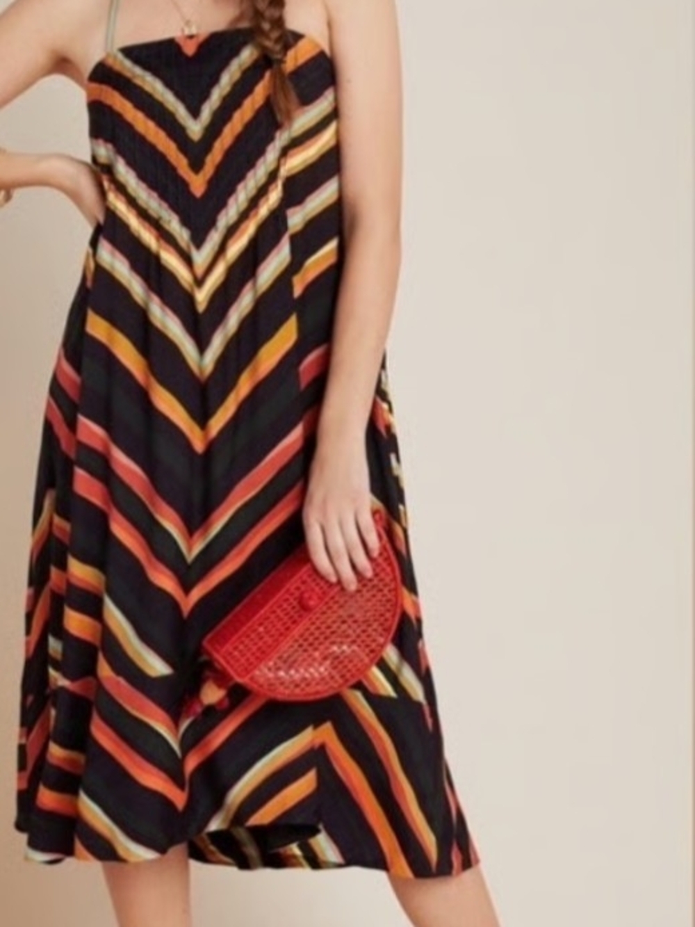 Anthropolgie Striped V-Neck A-Line Midi Dress in Black and Orange Size XS